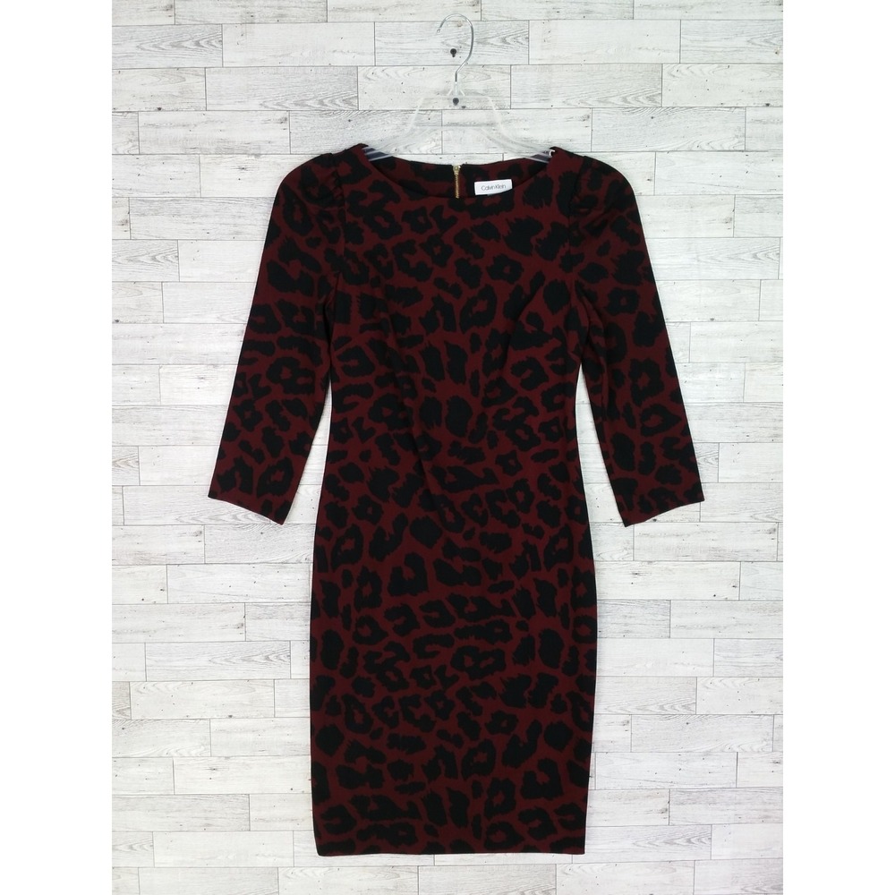 Women's Calvin Klein Leopard Print Black Burgundy Sheath Dress Career Size 4